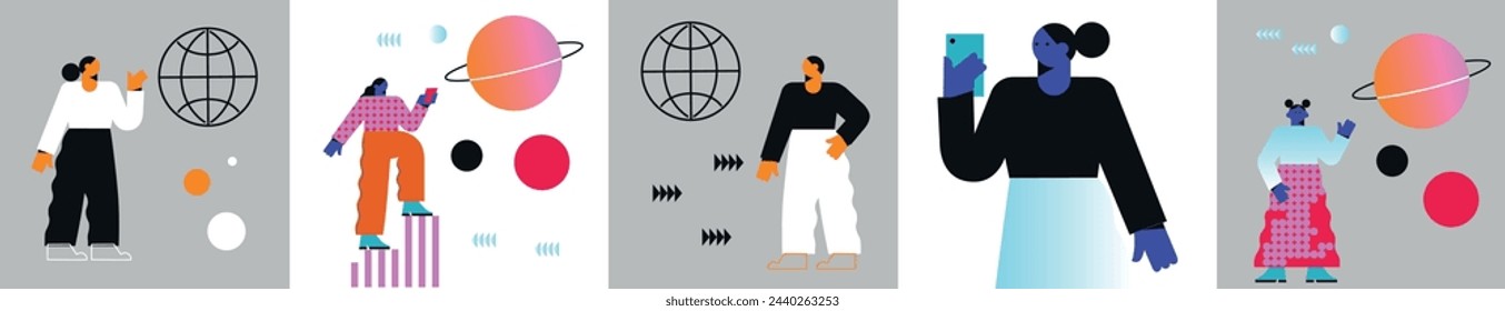 Concept of social networks, virtual relationships. New generation. Friends chatting and texting. Vector flat illustration.	