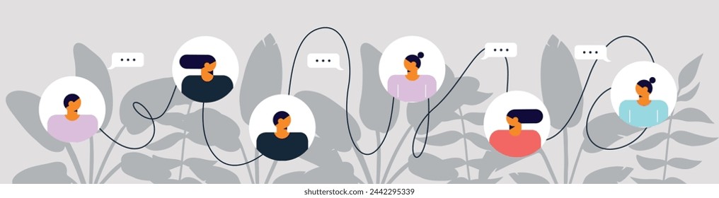 Concept of social networks, virtual relationships. New generation. Friends chatting and texting. Vector flat illustration.	