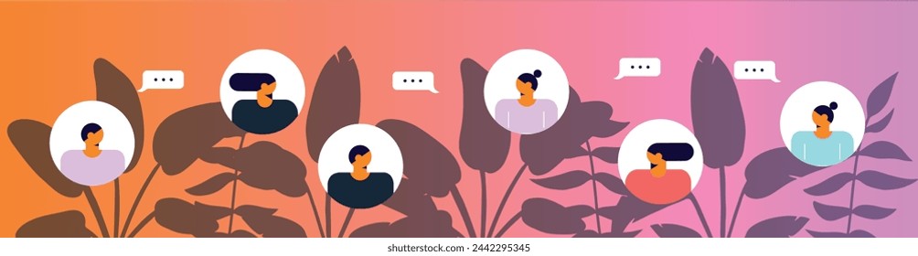 Concept of social networks, virtual relationships. New generation. Friends chatting and texting. Vector flat illustration.	