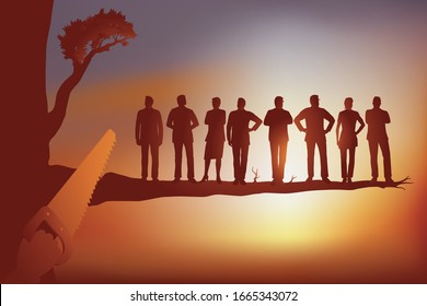 Concept of the social plan in business with the symbol of a saw that cuts a branch on which there is a team of 8 people designated by management to be dismissed.