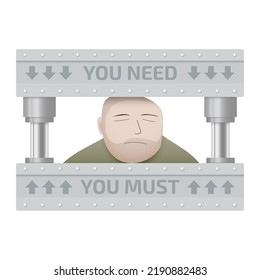 The concept of social pressure. The character is clamped in a hydraulic press. Migraine, depression, headache.