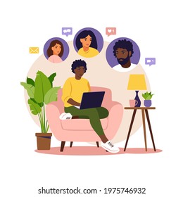 Concept of social promotion, refer a friend, refer and earn. Referral marketing. African woman sitting with laptop on armchair. Flat. Vector illustration.