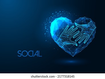 Concept Of Social Relationship, Humanity, Humanitarian Aid With Heart Shape And Two Hands On Blue