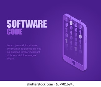 Concept software code. Vector illustration isometric digital code numbers on screen smartphone. Landing page software device
