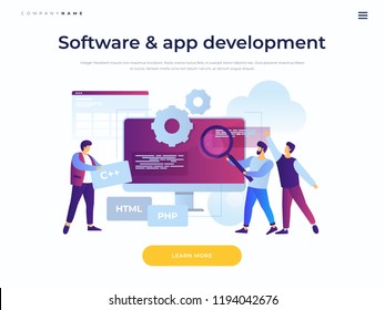 Concept of software development and applications. Team of young cartoon staff is working on programming site. Cooperation in web agency. Landing page template. Vector flat illustration.