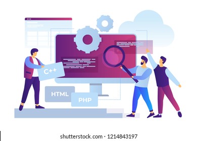 Concept of software development and applications. Team of young cartoon staff is working on programming site. Cooperation in web agency. Vector flat illustration.