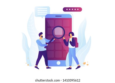Concept of software development and applications. Young cartoon man and woman are standing in front of smartphone screen and are developing and testing mobile application. Vector flat illustration.