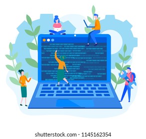 Concept Software development and programming, web design, team work, program code on laptop,  for web page, banner, social media, cards, posters. Vector illustration big data processing, start up