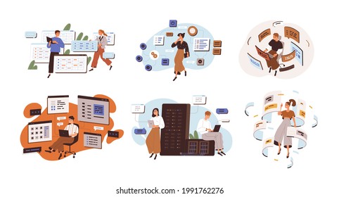 Concept of software development and web programming. Set of people coding and working with CMS architecture. Flat graphic vector illustration of backend engineers isolated on white background