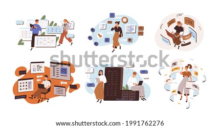 Concept of software development and web programming. Set of people coding and working with CMS architecture. Flat graphic vector illustration of backend engineers isolated on white background