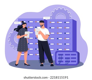 Concept of software. Man and woman in electronic archive or in server room. Working with data, developing programs and applications. Programmers and IT specialists. Cartoon flat vector illustration