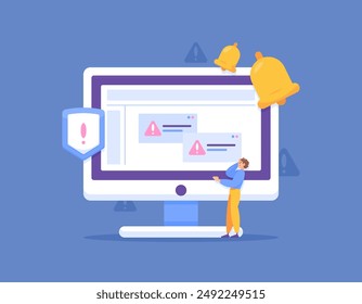 concepto de software y error del sistema. notificación de errores de software. ilustración de un usuario que recibe una advertencia. prevención y advertencia. tecnología. diseño de estilo plano. Elementos gráficos