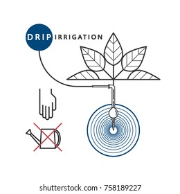 The concept of soil moistening. Drip irrigation system. Sign, logo, icon, symbol with plant and dropper. Vector linear illustration.