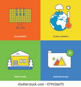 Concept of solar energy, global warming, smart house, paper recycling. Flat Vector illustration. Can be used for banner, business data, web design, brochure template