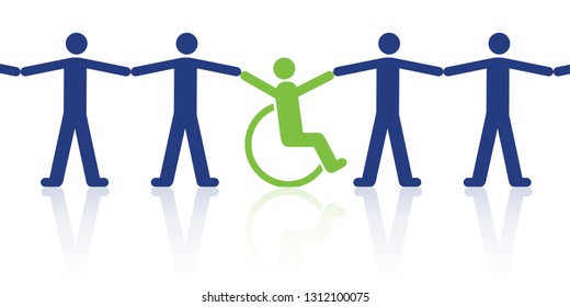Concept of solidarity between a disabled person and valid men with a pictogram using the symbol of the human chain