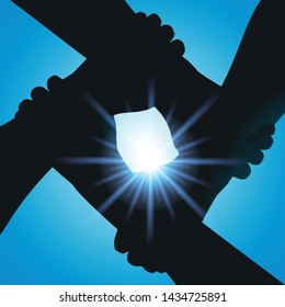 Concept of solidarity and friendship, with four intertwined arms symbolizing fraternity and partnership, in front of a setting sun.