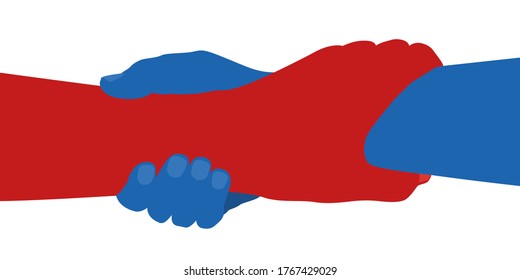 Concept of solidarity and mutual aid with two people who hold each other tightly by the arm as a sign of brotherhood.
