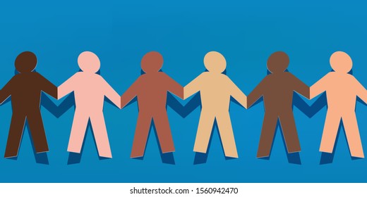 Concept of solidarity and peace between peoples, with a multiracial human chain, connecting by hand characters in paper, of different colors.