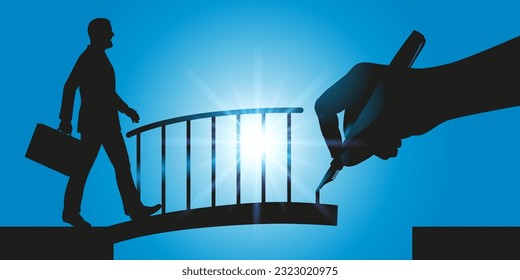 Concept of the solution, with a hand drawing a bridge to facilitate the crossing of an obstacle to a businessman and help him achieve his goal.