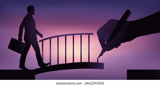 Concept of the solution, with a hand drawing a bridge to facilitate the crossing of an obstacle to a businessman and help him achieve his goal.