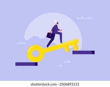 Concept of solution to problem solving. businessman using key instead of bridge and jumping over abyss symbolizing success, right solutions. , business, right decision, plan, success, good work