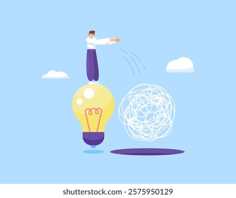 concept of solution and problem solving. finding an idea or thought to solve a problem. illustration of a man throwing a tangled ball of yarn into a hole. flat style design. elements