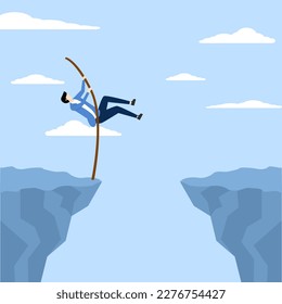 concept of solution or skill to achieve target, pole vault of confidence businessman jump over chasm abyss. Overcoming difficulties to achieve business success, challenges or determination for leaders