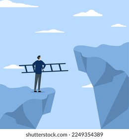 Concept of solution to solve problem, motivation for business growth, belief of businessman holding ladder will climb to higher cliff, concept of courage to overcome difficulties or obstacles.