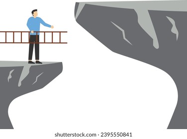 Concept of the solution to solve the problem, motivation for business growth, the belief of businessman holding ladder will climb to the higher cliff, the concept of courage to overcome difficulties o