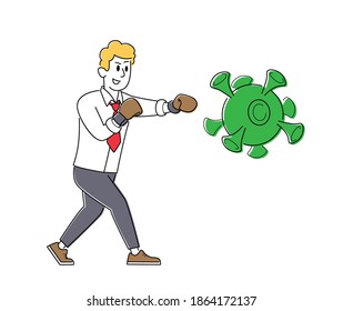 Concept of Solution to Stop Covid Virus Contamination and Pandemic in Business. Businessman Character in Boxing Gloves Fighting with Huge Coronavirus Cell or Bacteria. Linear Vector Illustration
