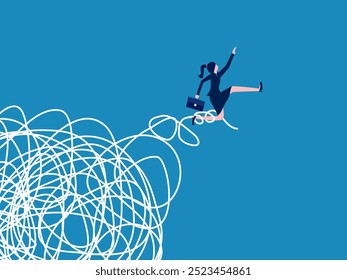 concept of โ€โ€finding a solution. woman running away from chaos