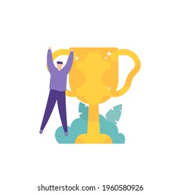 concept solves problems, effort. illustration of a businessman who is happy because he has solved a puzzle. get success or trophy. flat style. vector design