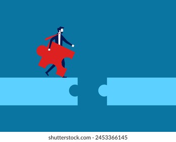 Concept of solving business problems. Businessman completes road jigsaw 