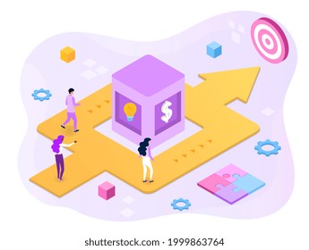 Concept of solving business problems, finding the right path. The characters bypass obstacles on the way to the goal, find alternative options for action. Cartoon isometric vector illustration design