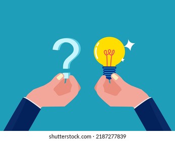 concept of solving the problem. businessman holding a question mark with a light bulb 