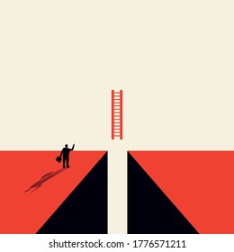 The concept of solving problems in business and the possibility of cooperation in a minimal art style. A businessman standing on the edge of a cliff is looking at the stairs. Symbol of the future