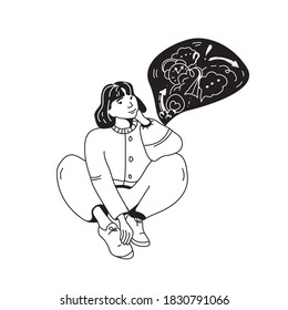 The concept of solving problems, the girl thinks, with a question mark, a creative idea. Hand drawn style vector design illustrations