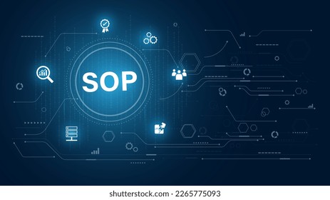 Concepto de SOP, Estándar, Procedimientos, Funcionamiento de una Empresa con icono de esquema para banner de tecnología. Ilustración vectorial.