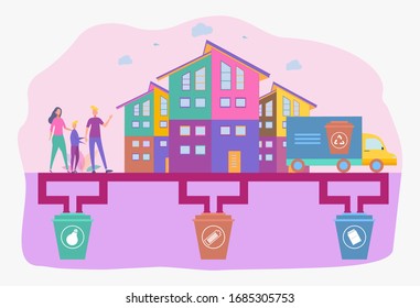 The concept of sorting and recycling garbage. Removal and disposal of waste, metaphors for cleaning the planet from plastic. Colorful vector illustration.