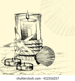 the concept of Spa procedure with candles and seashells in the style of hand drawn