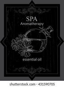the concept of Spa procedure with essential oil of chamomile on the black background with vintage elements
