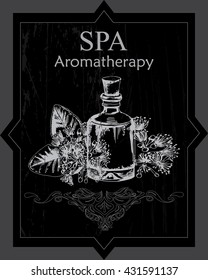 the concept of Spa procedure with essential oil of pimenta racemosa on the black background with vintage elements