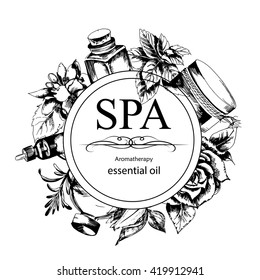 the concept of Spa procedure with flowers, bottles and element of vintage on the white  background