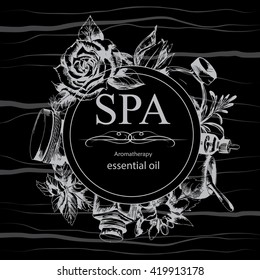 the concept of Spa procedure with flowers, bottles and element of vintage on the black background