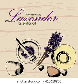 the concept of Spa procedure with stone, mortar bowl, essential oil, lavender/ top view