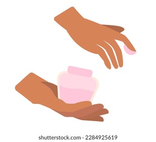 Concept Spa salon hands holding cream jar. A flat cartoon illustration depicts a scene of a spa salon with hands holding a cream jar. Vector illustration.
