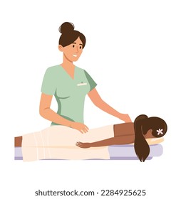 Sesión de masaje en el salón de belleza. Una ilustración de caricatura plana representa la escena de una mujer que recibe un masaje en un salón de spa. Ilustración vectorial.