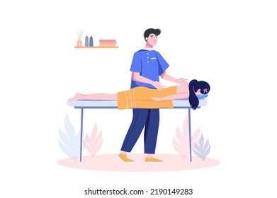 Concept Spa salon with people scene in flat cartoon design. Massage therapist in a spa salon performs massage procedure for a client. Vector illustration.