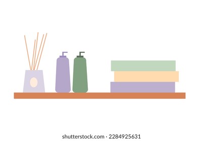 Concept Spa salon shelf with towels and cosmetics. A flat cartoon illustration depicts a scene of a spa salon with a shelf filled with towels and cosmetics. Vector illustration.