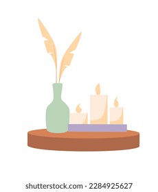 Concept Spa salon table with candles and decor. This is a flat illustration of a cartoon scene featuring a decorative table with a lit candle. Vector illustration.